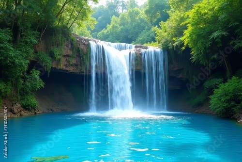 Stunning Waterfall Cascading into a Turquoise Pool in Lush Forest