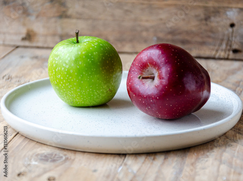 green and red apples on  white plate on the kitchen table