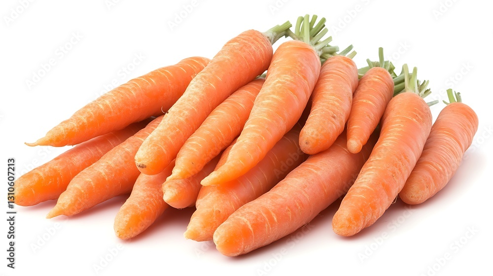 A bunch of vibrant orange baby carrots with green tops, freshly harvested, on a white background. A bunch of vibrant orange baby carrots with green tops, freshly harvested, on a white background.