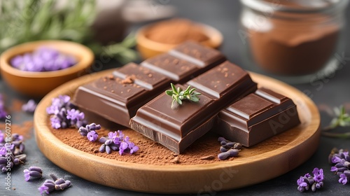 Dark chocolate bars with lavender and cocoa powder