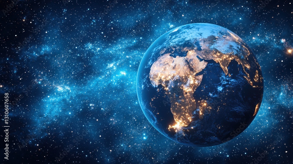 Fototapeta premium Earth View From Space City Lights Illuminate Continents Amidst a Nebulous Starry Sky