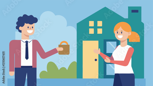 Landlord Life A friendly landlord handing over the keys to a happy tenant outside a charming apartment building with a Welcome Home sign above them.