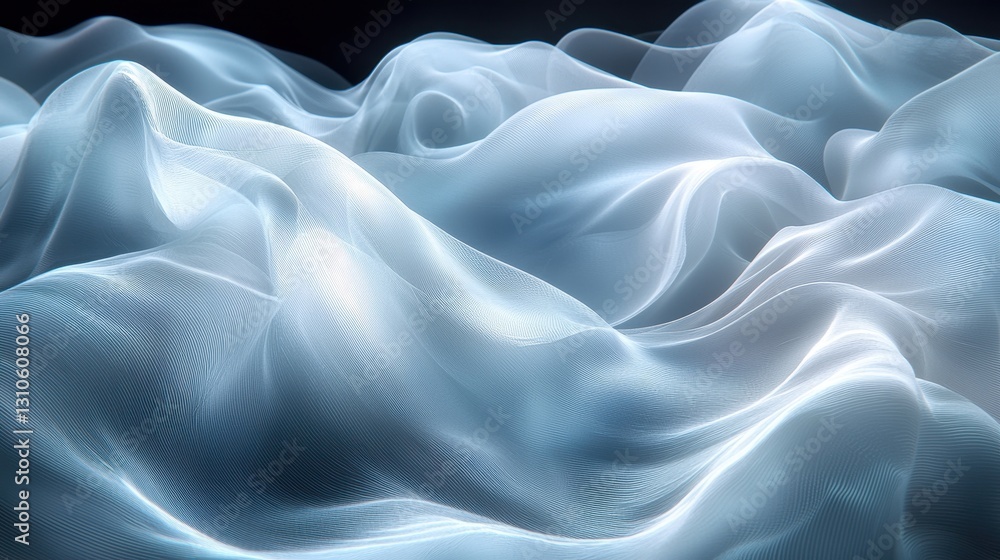 Obraz premium Ethereal waves of fabric flow over a dark surface; soft light illuminates undulating shapes