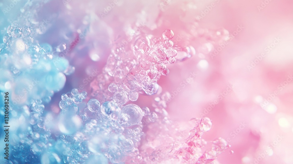 Fototapeta premium Close up of water droplets with a soft pink and blue gradient