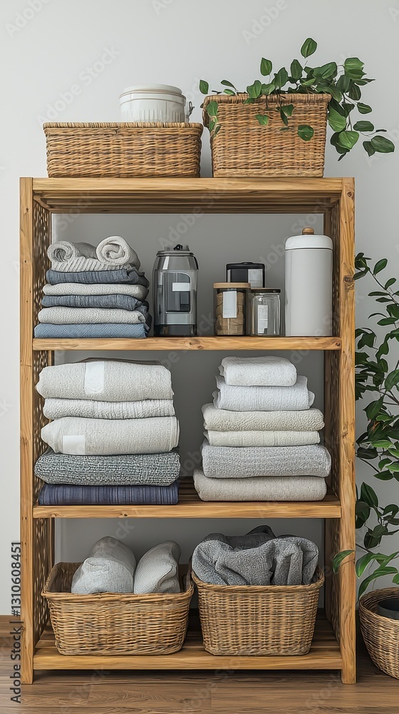 Obraz premium Well-arranged shelf displaying towels creating a neat and tidy living space in a bright minimalist environment isolated