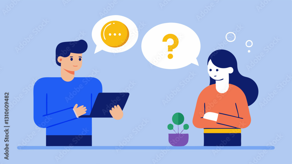 QA Session A finfluencer conducting a QA session with a thought bubble showing a confused followers question about cryptocurrency while the influencer responds confidently. QA Session A finfluencer conducting a QA session with a thought bubble showing a confused followers question about cryptocurrency while the influencer responds confidently.