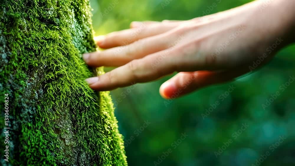 Gentle Touch of Nature: A Hand Resting on Mossy Tree Bark Gentle Touch of Nature: A Hand Resting on Mossy Tree Bark