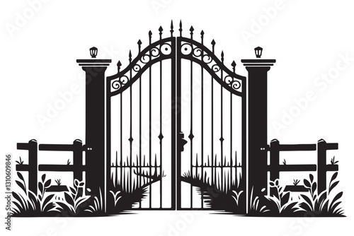 Ornate Iron Gate Silhouette Illustration for Entrance and Security Designs