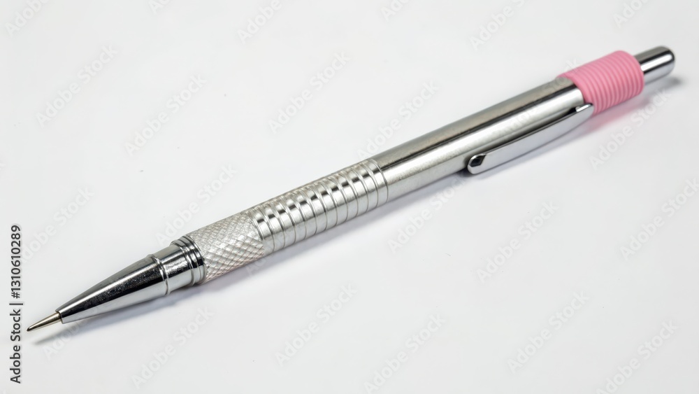 Silver Mechanical Pencil with Pink Eraser on White Background Silver Mechanical Pencil with Pink Eraser on White Background