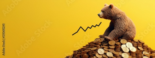 A bear sitting on a pile of coins with a bearish trendline.