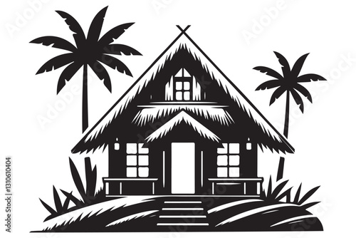 Tropical Cottage Silhouette With Palm Trees and Thatched Roof Design