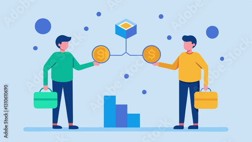 Lending Platform Two figures one giving a stack of coins to another with a blockchain network in the background showing how users can lend and borrow without banks.