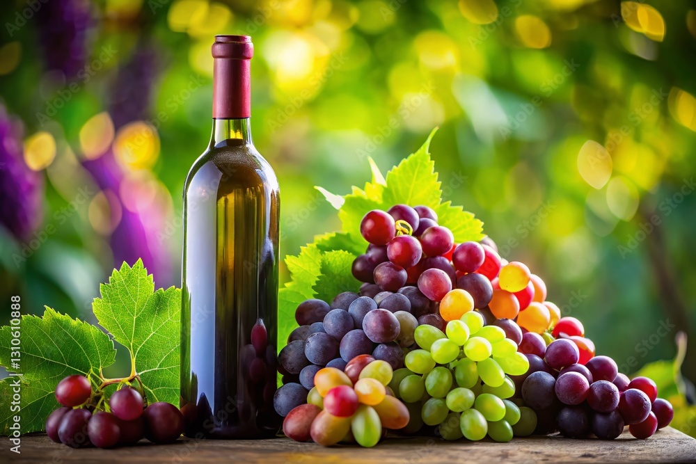 Obraz premium Macro Photography of Wine Bottle Mockup with Fresh Grapes