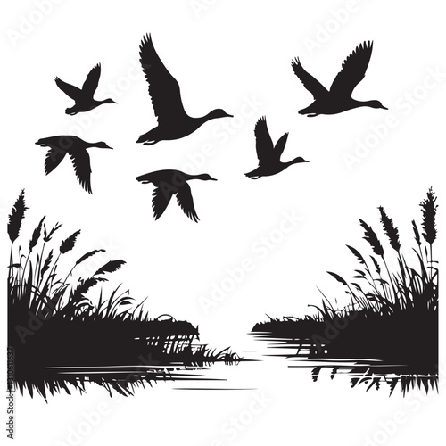 Flying Geese Silhouette Vector Graphic Design Near Water Illustration