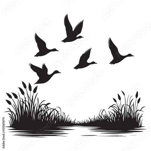 Silhouette Ducks Flying Over the Water and Reeds Vector Image Art