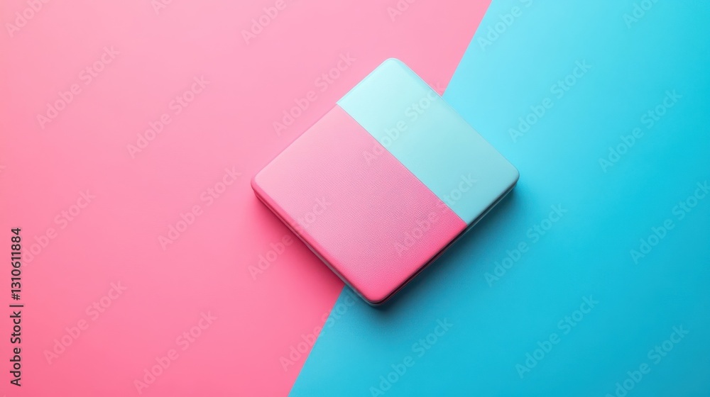 A two toned square device rests on a colored background surface A two toned square device rests on a colored background surface