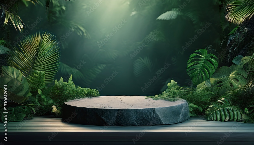 showcases a stone pedestal set within a lush, tropical jungle backdrop. Surrounded by vibrant green foliage and natural textures, the composition exudes a serene and organic ambiance. showcases a stone pedestal set within a lush, tropical jungle backdrop. Surrounded by vibrant green foliage and natural textures, the composition exudes a serene and organic ambiance.