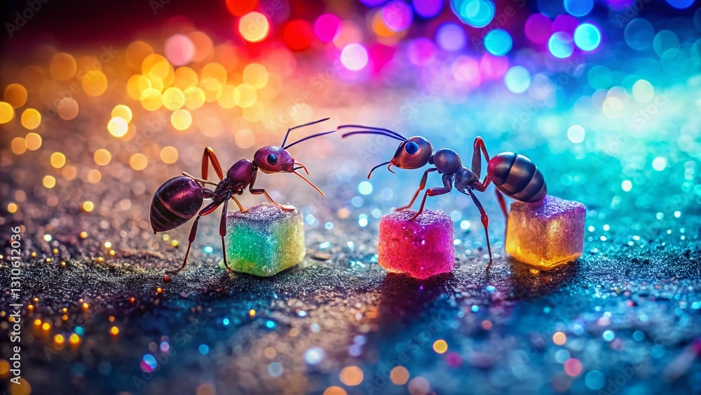Fototapeta premium Macro Photography: Two Ants Discover Sparkling Sugar Cube