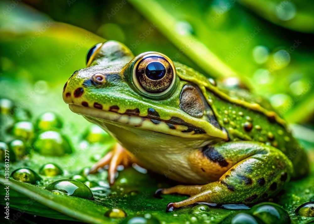 Macro Photography: Vibrant Green Frog in Lush Garden