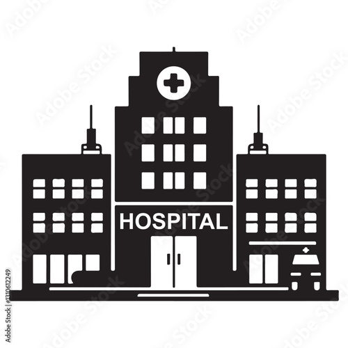 Detailed hospital building illustration with ambulance and modern elements