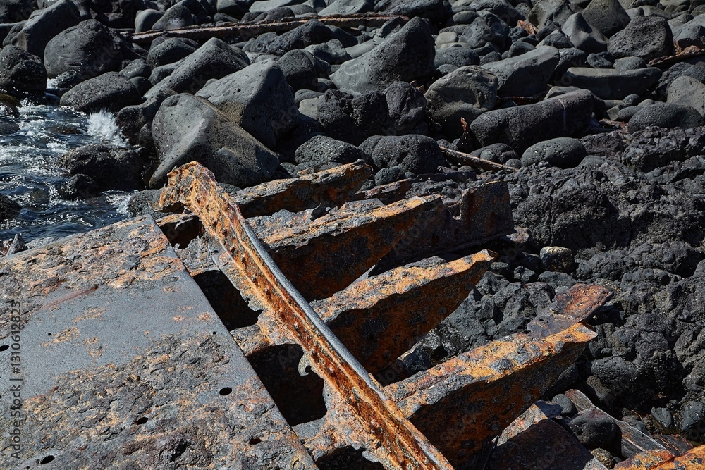 Rusty metal shipwreck rusting away on the shore Rusty metal shipwreck rusting away on the shore