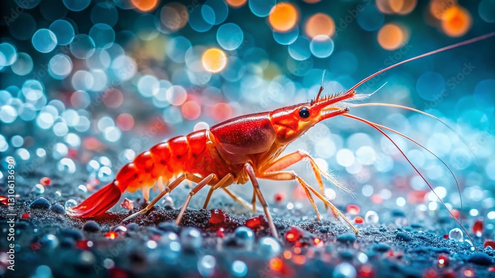 Macro Photo: Translucent Red Shrimp in Water with Bokeh Effect Macro Photo: Translucent Red Shrimp in Water with Bokeh Effect