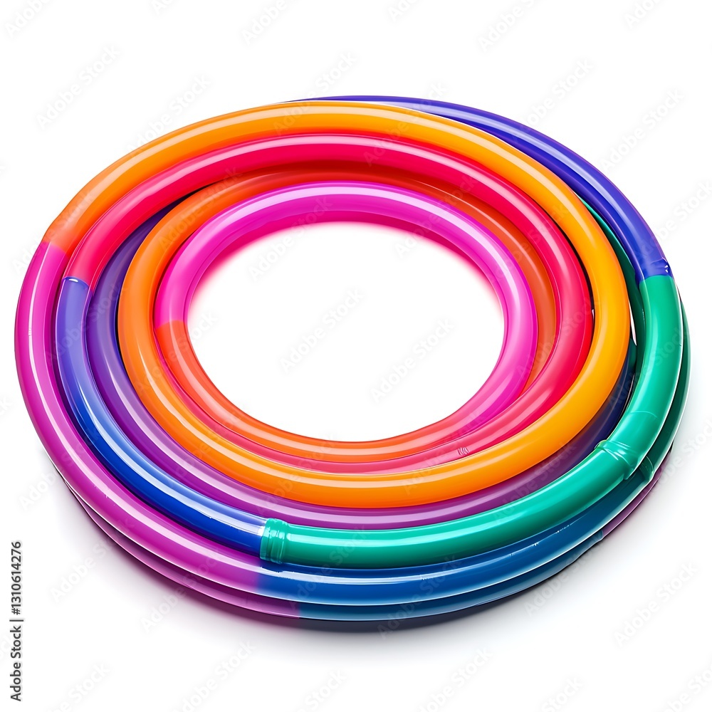 Hula hoops in vibrant colors, showcasing their smooth plastic surface and playful design The hula hoops are isolated on white background Hula hoops in vibrant colors, showcasing their smooth plastic surface and playful design The hula hoops are isolated on white background