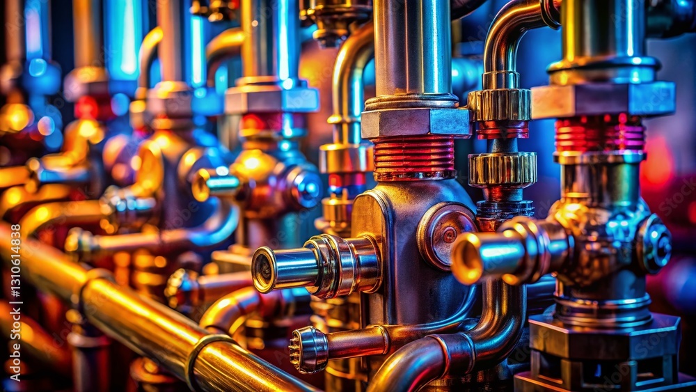 Fototapeta premium Macro Shot of Household Boiler Components: Close-up Detail of Metal and Valves