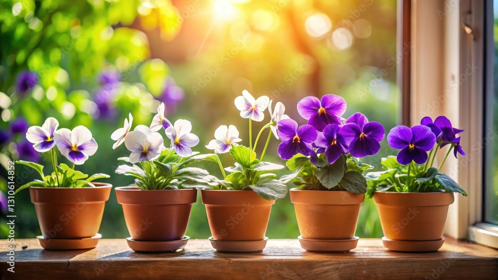 Blooming Perennial Violets on Windowsill - Spring Window Box Potted Flowers Photography Blooming Perennial Violets on Windowsill - Spring Window Box Potted Flowers Photography