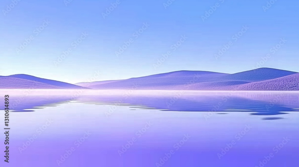 Serene Purple Mountains Reflected in Tranquil Water at Sunrise with Gentle Hues Serene Purple Mountains Reflected in Tranquil Water at Sunrise with Gentle Hues