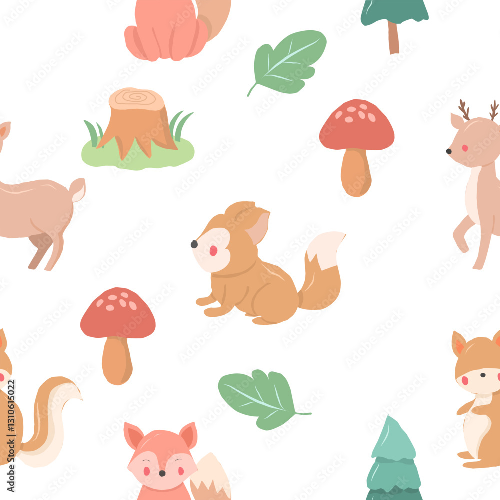 Naklejka premium Cute Deer and Fox Cartoon Seamless Pattern