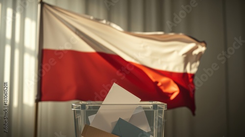 Ballot box with inserted votes in front of a national flag during an election or referendum. presidential elections in Poland photo