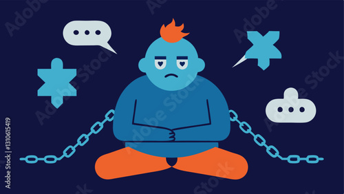 The Chained Celebrity A famous figure ed as a stylized character is depicted sitting on the ground wrapped in chains made of hashtags and negative comments signifying