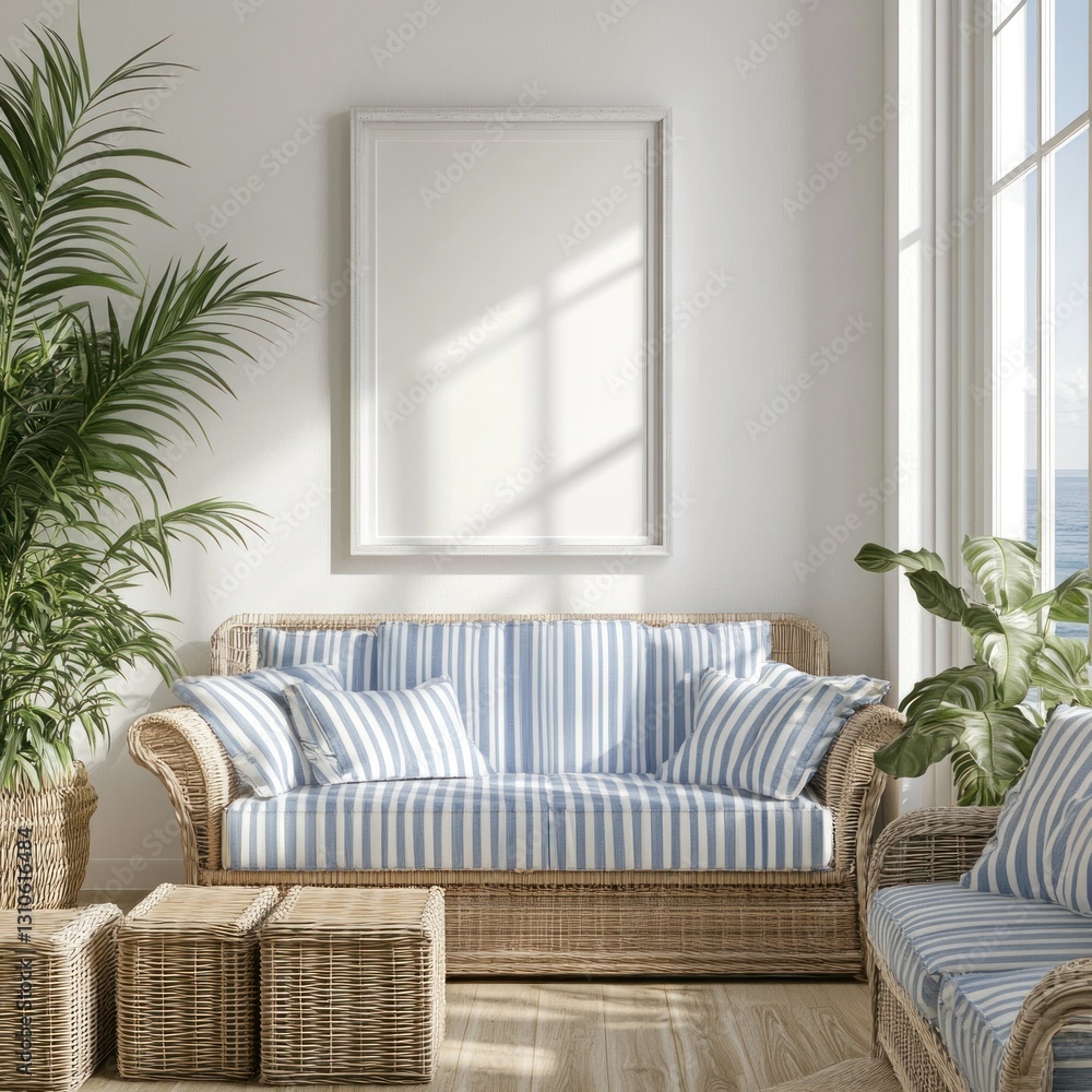 Fototapeta premium Coastal living room with wicker sofa, blank frame, and plants.
