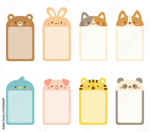 Set of cute animal-themed note sheets in bright pastel colors. Can be used as sticky notes, name tags, or small notepaper.