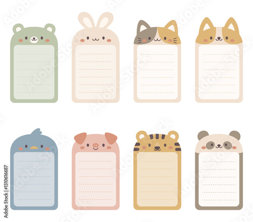 Set of cute animal-themed note sheets in muted pastel colors. Can be used as sticky notes, name tags, or small notepaper.