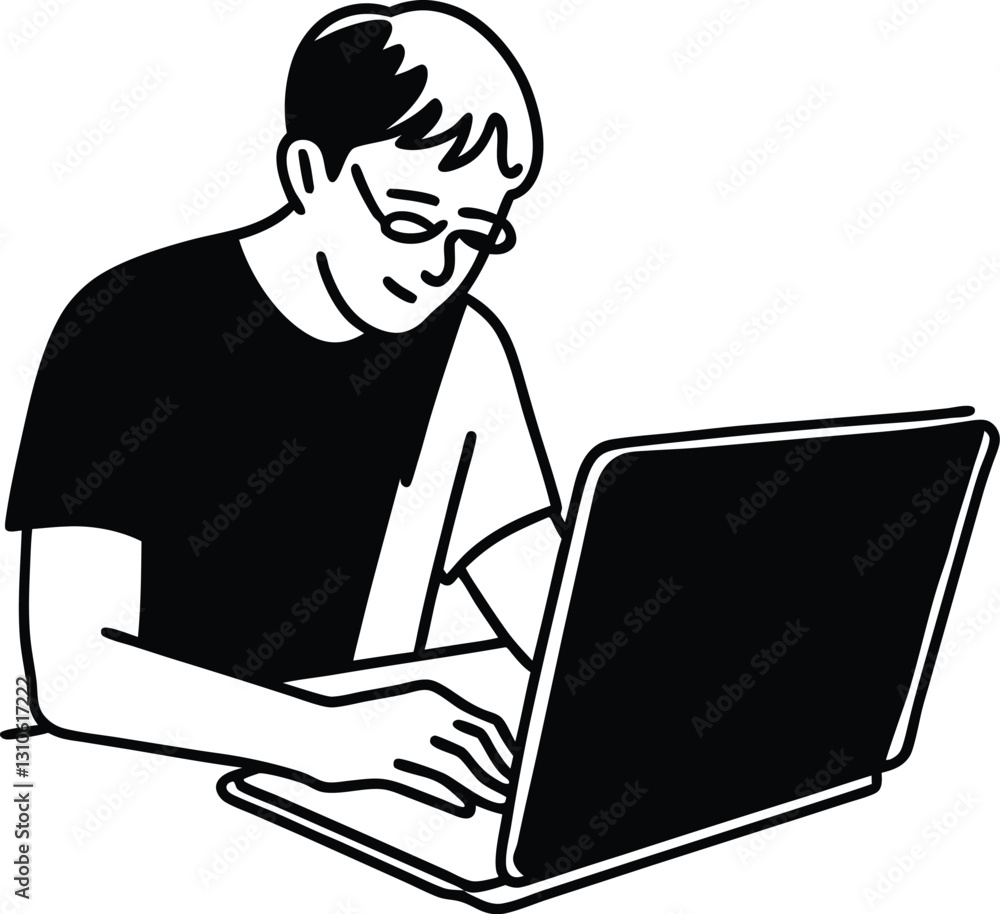 Minimalist line drawing of a person working on a computer at a desk. Ideal for business, technology, and remote work concepts. Clean, modern design perfect for illustrations Minimalist line drawing of a person working on a computer at a desk. Ideal for business, technology, and remote work concepts. Clean, modern design perfect for illustrations