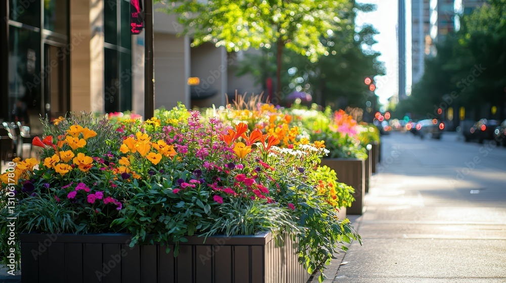 Fototapeta premium Vibrant Urban Garden Blocks in Busy City Street Setting