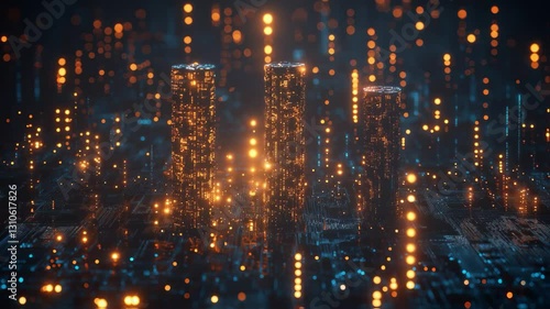 Illuminated city skyline at night with golden light reflections