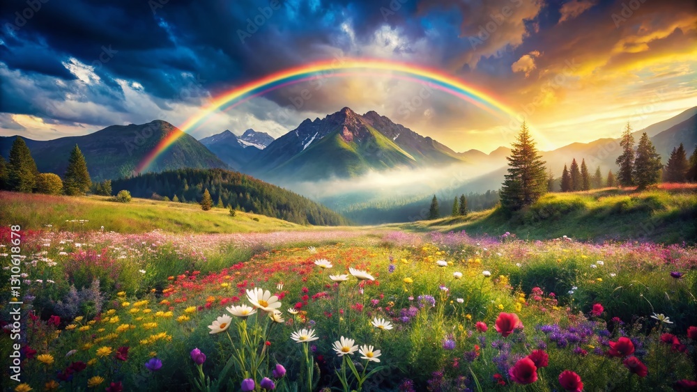 Obraz premium Magical Meadow Garden: Watercolor Double Exposure Rainbow Landscape Stock Photo