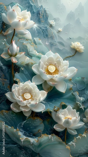Traditional Chinese jade lotus landscape painting illustration poster background