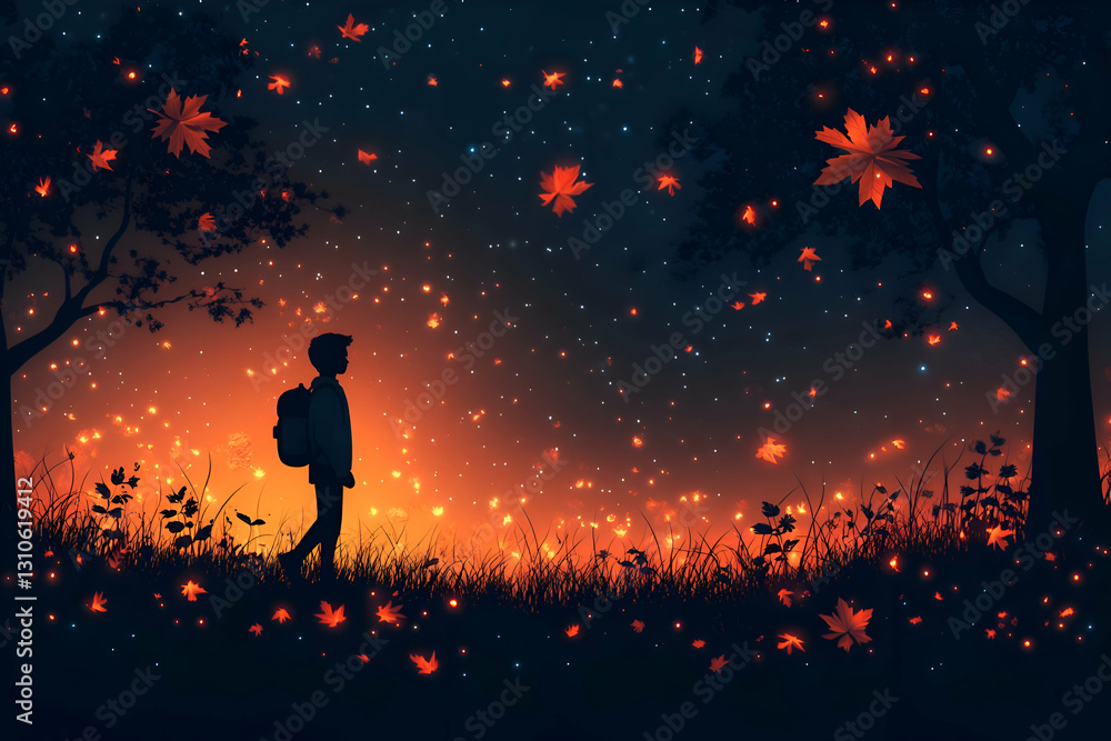 Naklejka premium Boy walks through autumnal forest at night