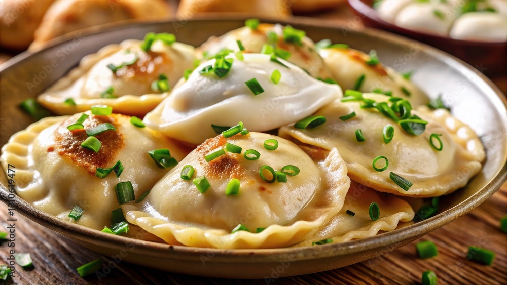 Delicious Pierogi: Sour Cream, Chives, Polish Dumplings, Food Photography Delicious Pierogi: Sour Cream, Chives, Polish Dumplings, Food Photography