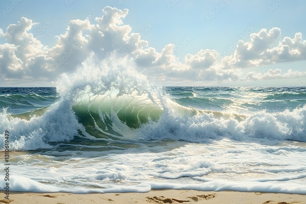 Fototapeta premium Powerful Crashing Waves on a Scenic Beach with Dramatic Sky in Tropical Ocean Landscape