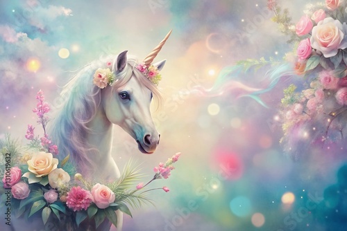 Magical Pastel Unicorn Watercolor Floral Backdrop - Long Exposure Dreamy Fantasy Art