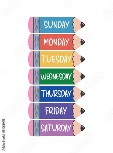 cartoon pencil label name of the day Monday through Sunday
