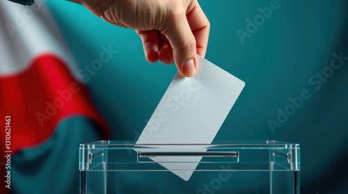 Ballot being placed into the election box with flag in background. Citizen voting in election. presidential elections in Poland photo