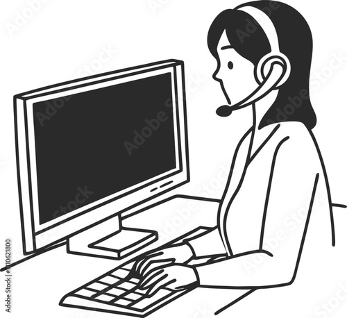 Female customer service operator line drawing  in front of a computer with a headset.