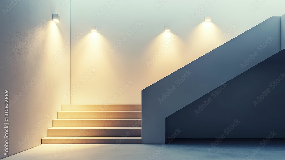 Fototapeta premium Modern Minimalist Interior with Recessed Spotlights and Stairs