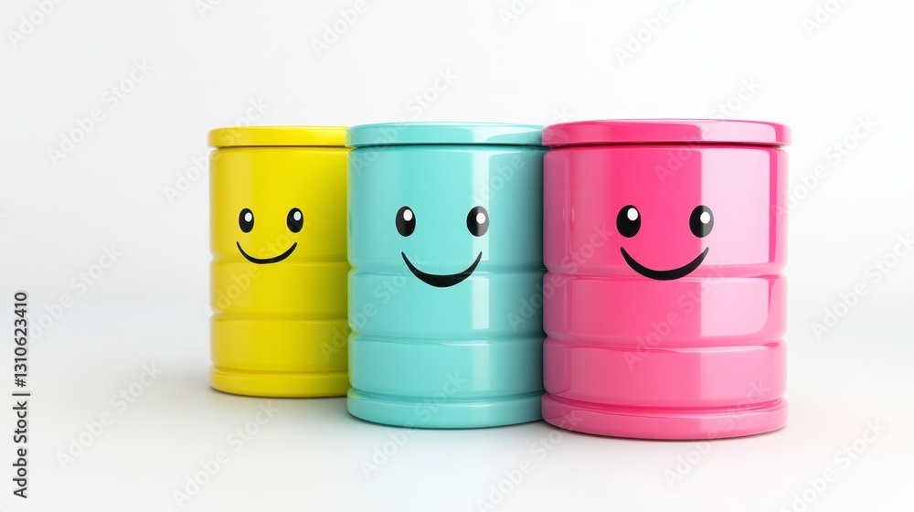 Cheerful Colorful Drums with Smiling Faces on a Bright Background Cheerful Colorful Drums with Smiling Faces on a Bright Background